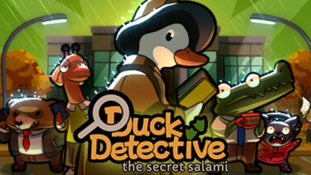 Duck Detective game poster featuring a duck in a detective outfit and several cartoon animals