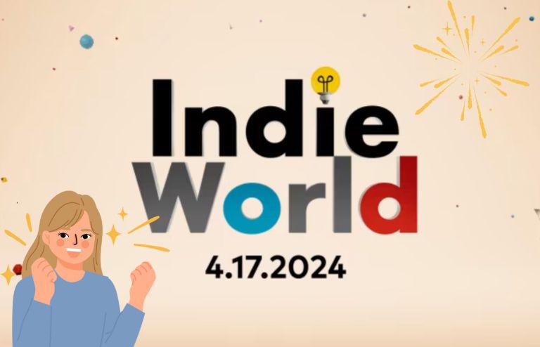 Photo of the Indie World showcase banner, with an excitement woman in one corner and fireworks in the other