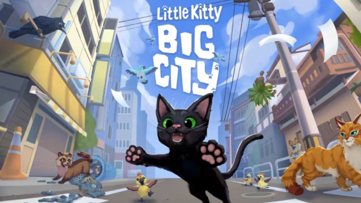 Cover image for Little Kitty Big City, featuring a cute cat jumping forward at the viewer