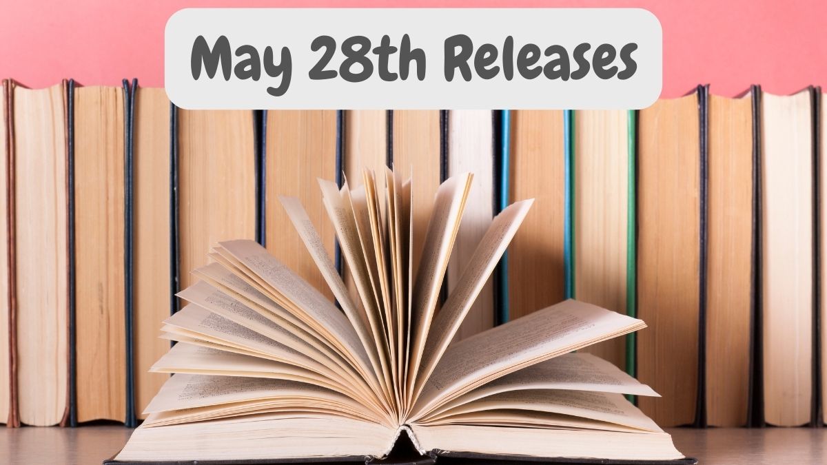 A line of books against a pink wall, with an open book in front and the words May 21st Releases at the top