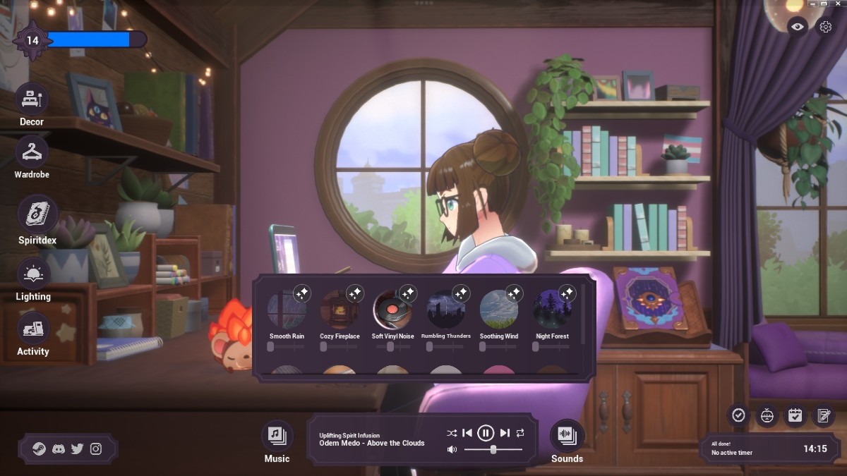 Screenshot of Spirit City Lofi Sessions with the sounds adjustment menu open