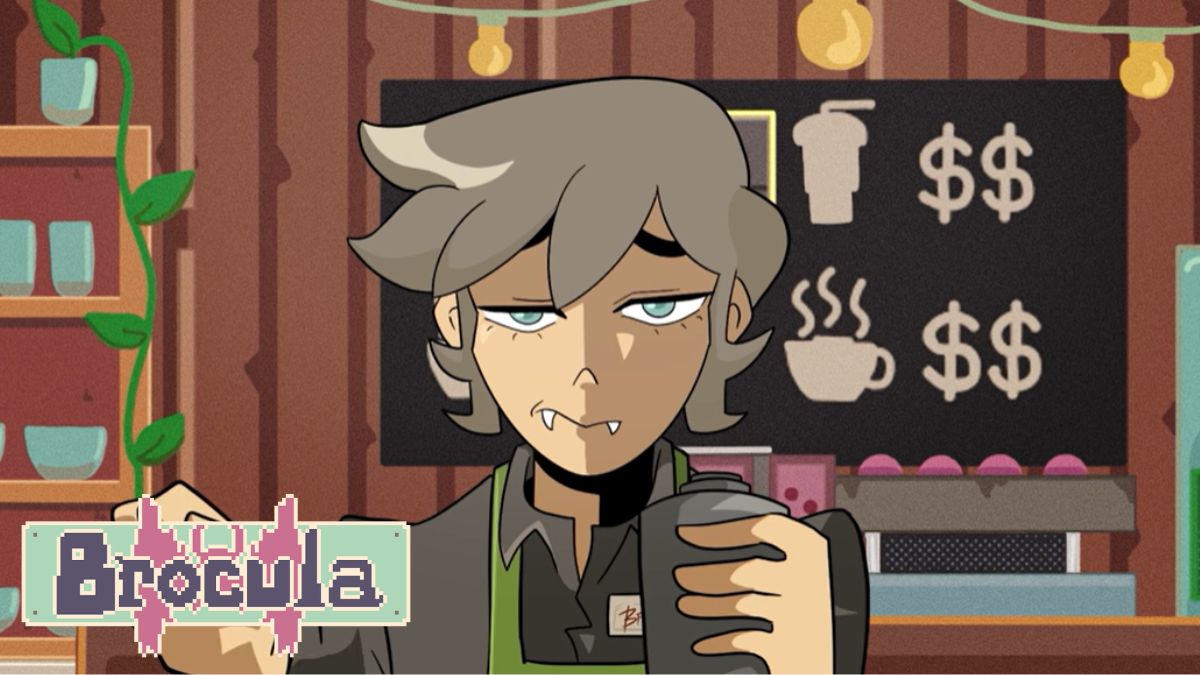 Image from Brocula, of a vampire holding up a cup and looking bored