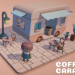 Screenshot of the home page for Coffee Caravan featuring a player character in front of their coffee shop