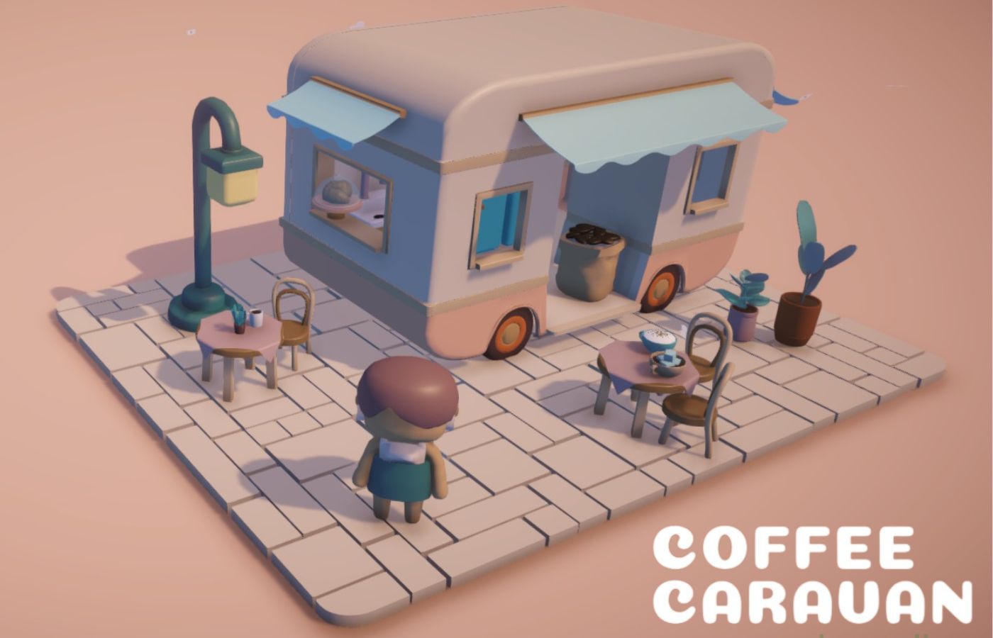 Screenshot of the home page for Coffee Caravan featuring a player character in front of their coffee shop