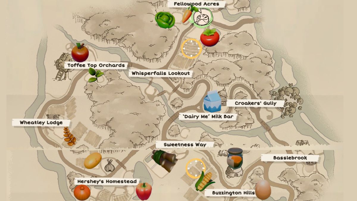 The world map from Cozy Caravan, with ingredient locations marked