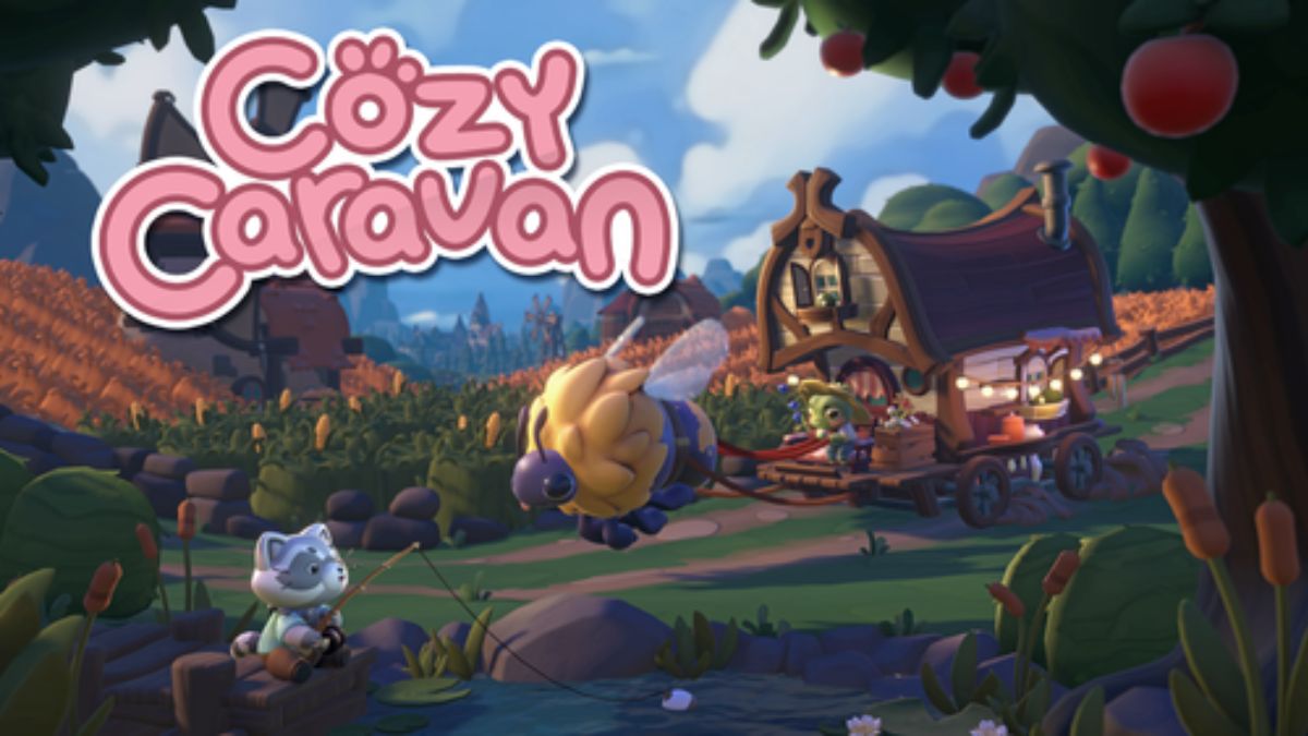 Game art for Cozy Caravan, featuring a caravan pulled by a fuzzy bumblebee