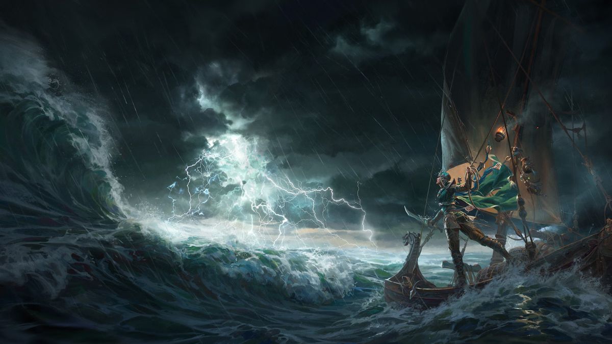 A figure on aboat heads into a massive storm, her blade drawn