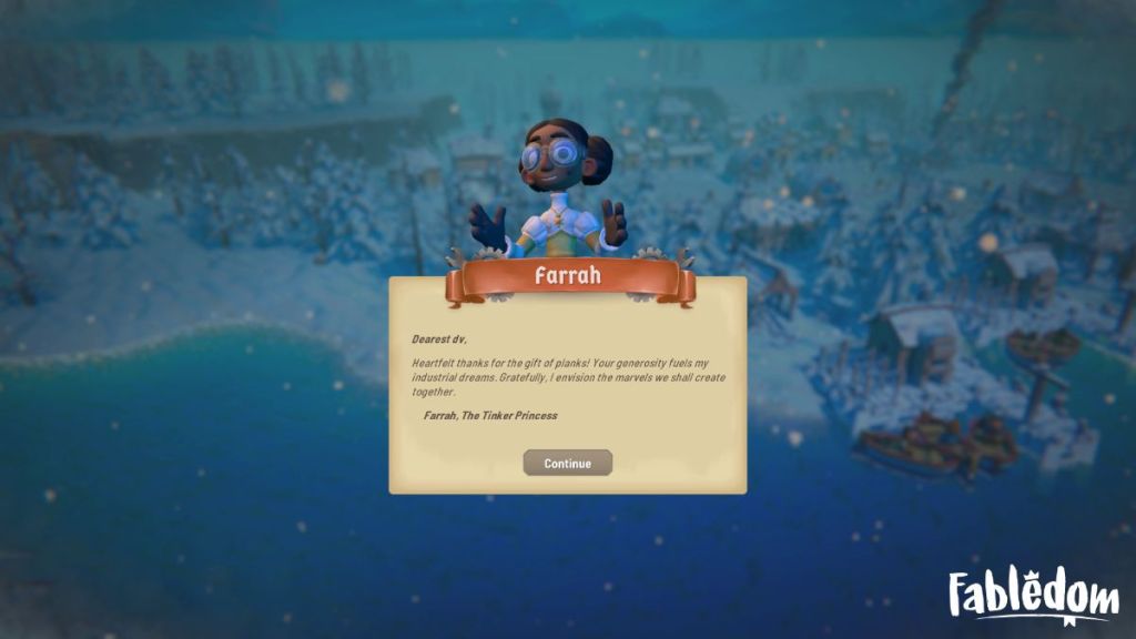 Fabledom's Farrah sending a message to the main character