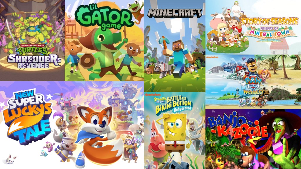 A selection of different box arts for the video games for kids mentioned in the paragraph below.
