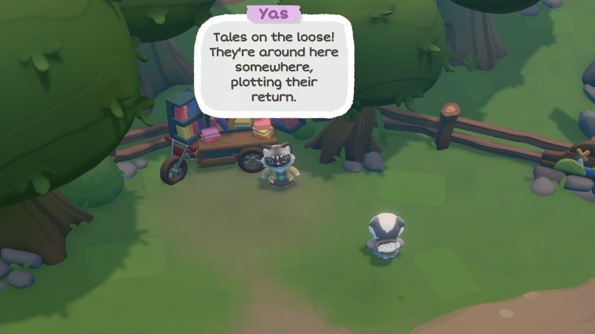 Screenshot of Yas the librarian talking about missing books in Cozy Caravan