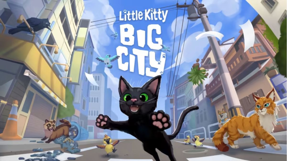 Promo image for Little Kitty, Big City, featuring a cute little kitty jumping towards the screen