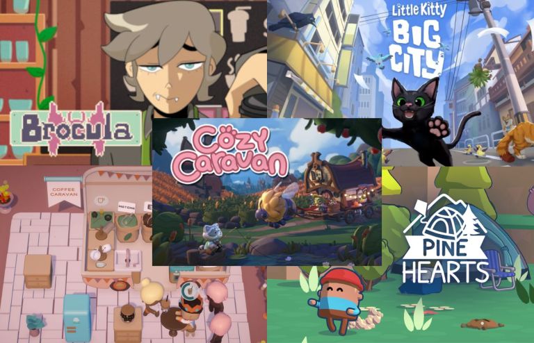 May 2024 Cozy Indie Games compilation featuring game covers for Brocula, Cozy Caravan, Little Kitty Big City, and Pine Hearts