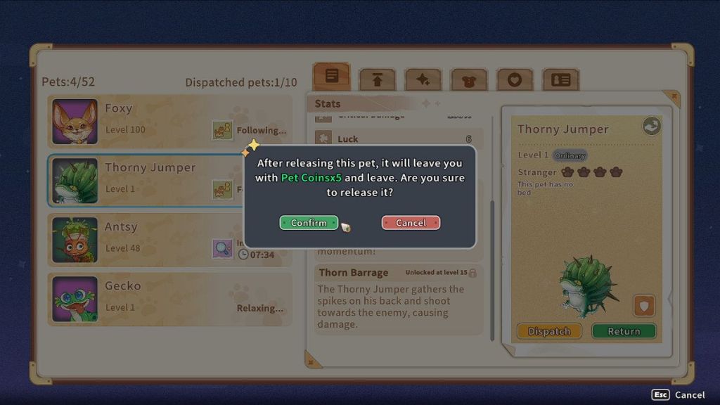 confirming releasing a pet in MTAS