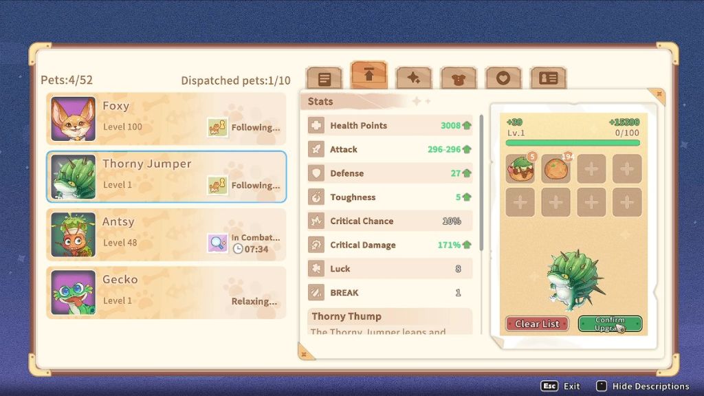 leveling up pet in MTAS