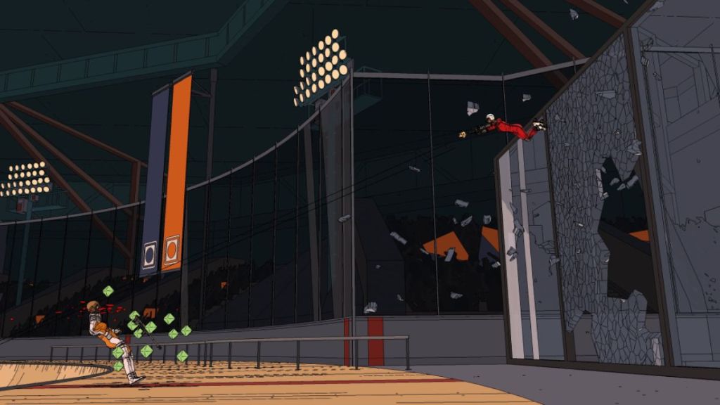 Kara breaking glass to defeat a sniper in Rollerdrome