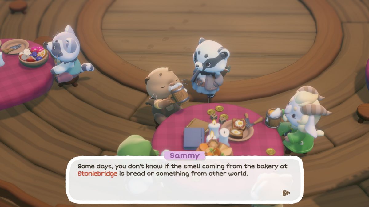 Screenshot from Cozy Caravan showing Sammy talking about Stoniebridge bakery