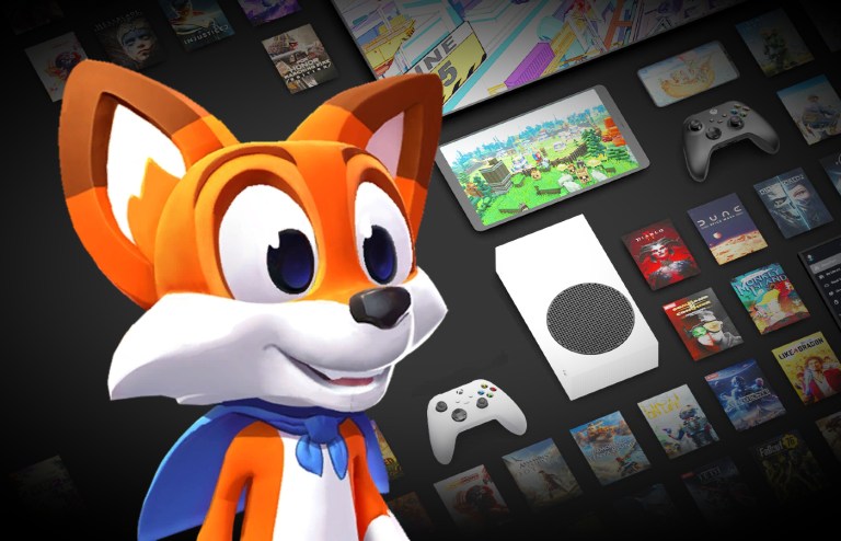Lucky from Super Lucky's Tale superimposed over an Xbox Game Pass ad