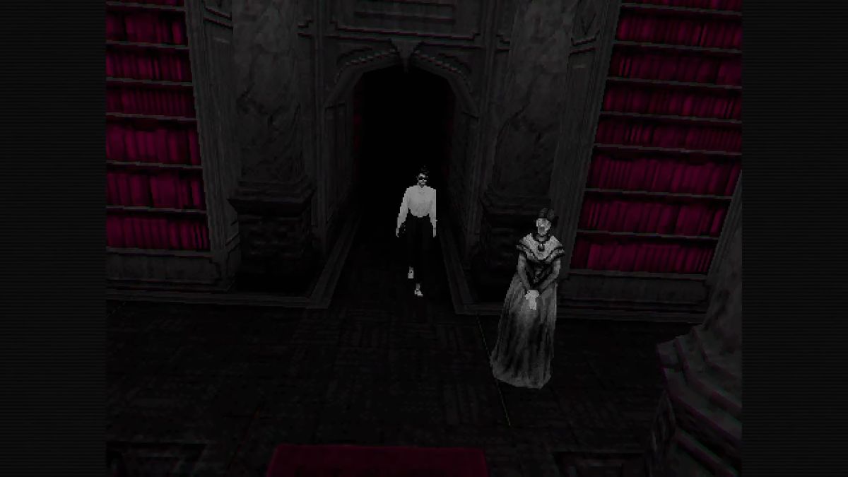 Speak with the woman. Then, while standing behind her, walk backwards toward the hallway.