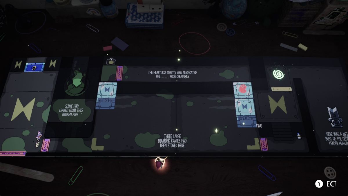 Step back into 2D and use the crates to approach the BROKEN pipe. Here, steal the word broken.