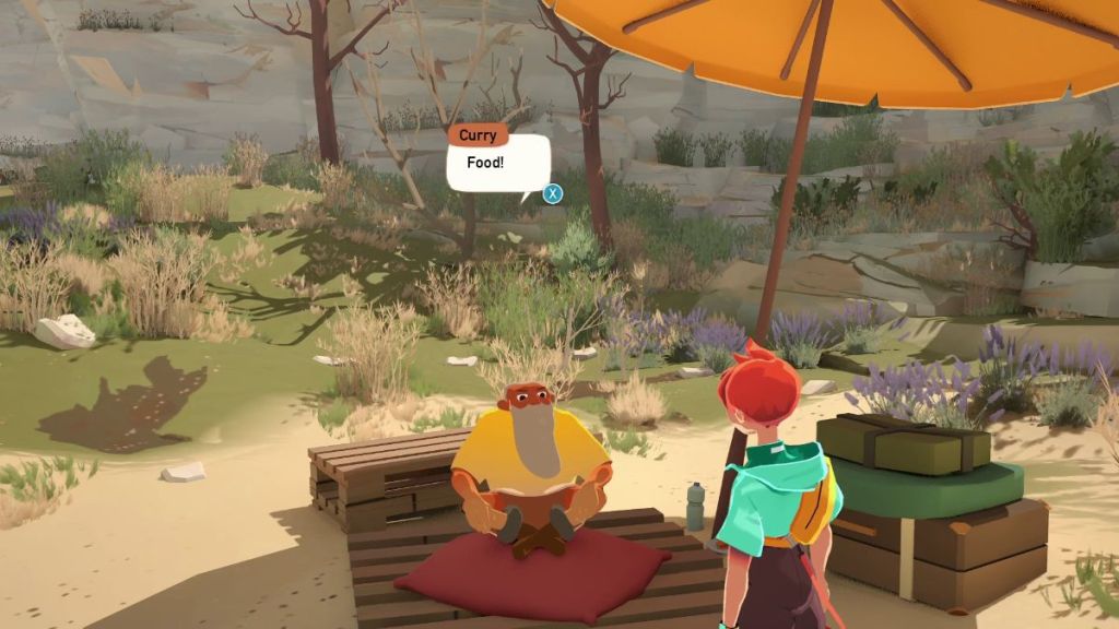 Sauge speaking with Curry, who's asking her for food in Caravan Sandwitch.