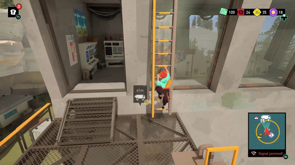 Climb the ladder next to the room. Up here, you can remove the Signal Jammer in the Residential Area.