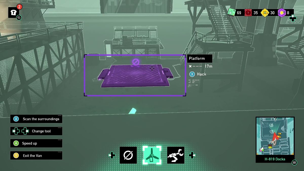 The next step is to use your caravan's scanner to hack the platform's biometric scanner and park on top of it.
