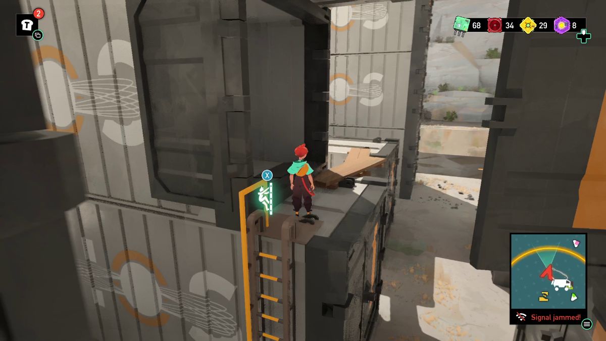 Look for a short ladder on the containers at the back of the docks. Climb it, and jump on the container to the right.
