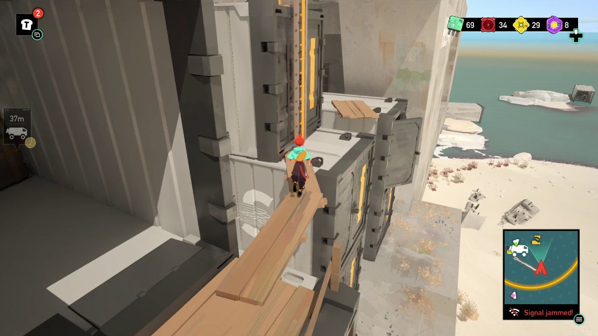 Use the wooden plank to walk to the container on the opposite side. Then, take a left and climb one more ladder.