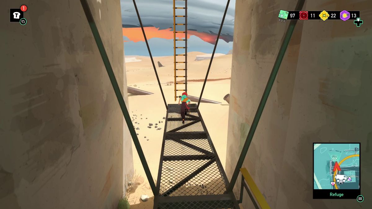 Exit through the door on the right and climb the tall ladder at the end of the hallway.