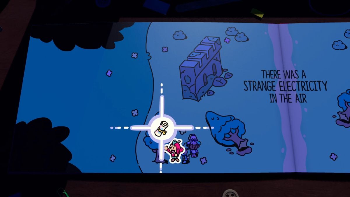 On the page where electricity storms into the forest, look for a scroll on the tree in the bottom left corner.