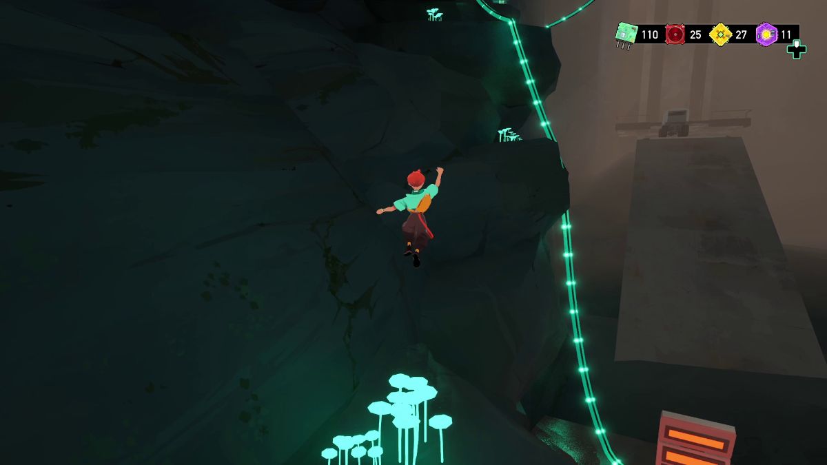 After the cutscene, climb the mountain behind the red Receptacle.