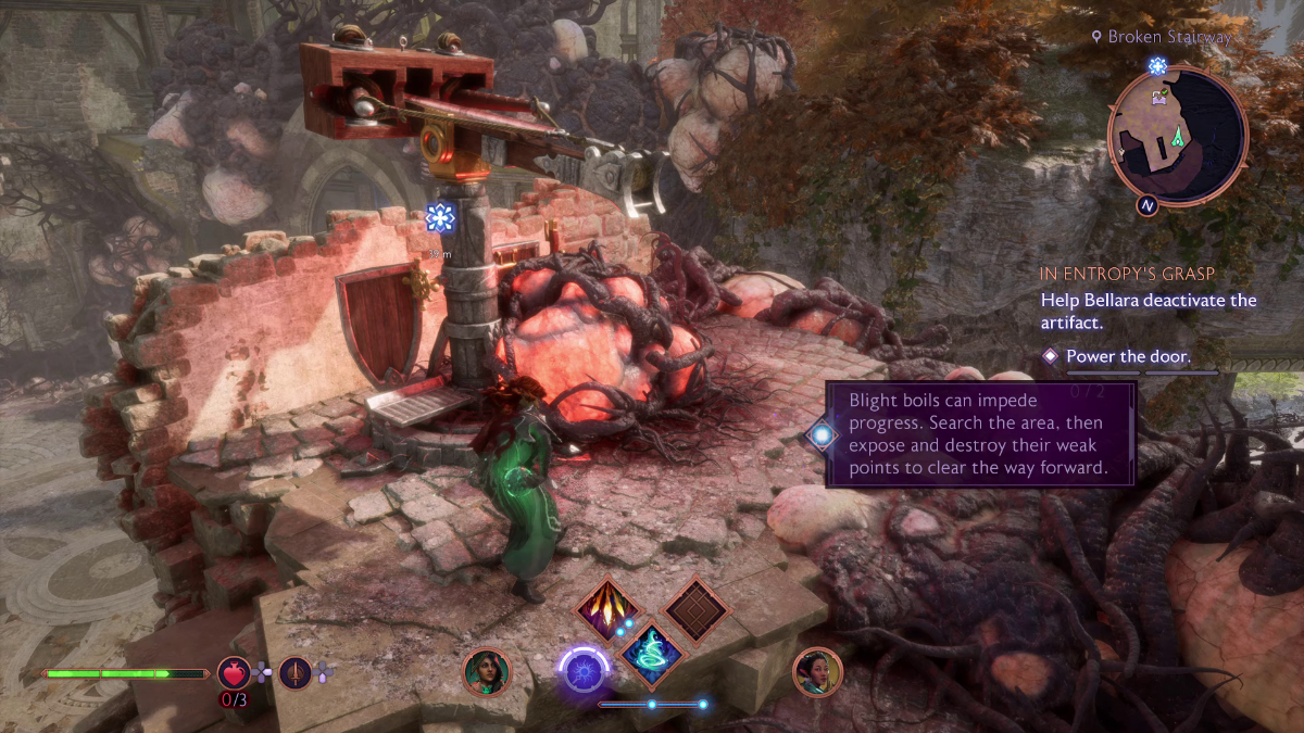 Go through the door and follow up the stairs, locate the ballista at the top of the platform, and Shoot the Blight Boil to access the Ballista.