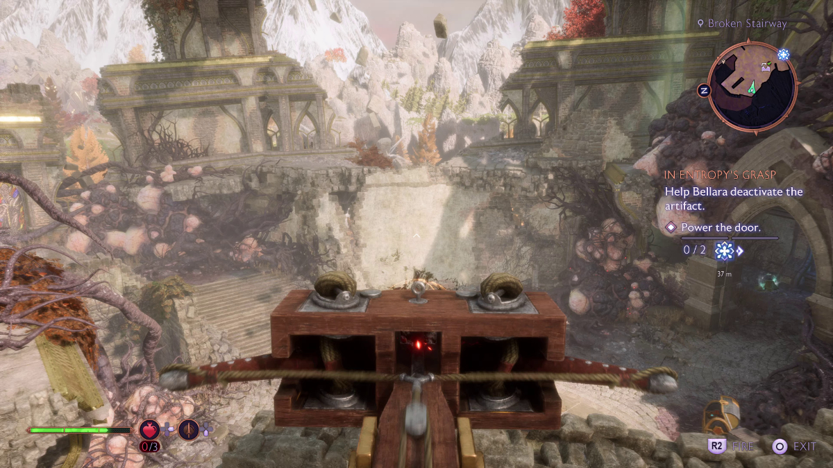 Use the Ballista to shoot the wall beside the Blight to access the other Power Crystal