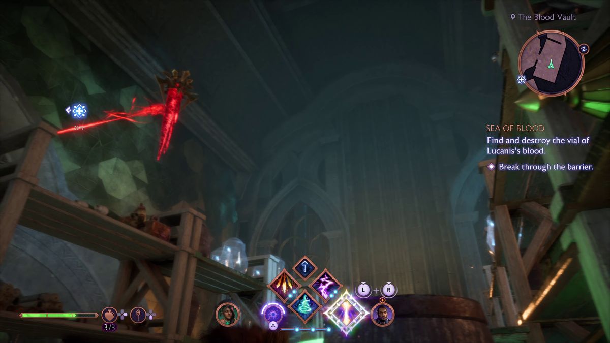 The first red crystal you must destroy is inside one of these rooms. Look for it above the shelves of this storage room and destroy it.