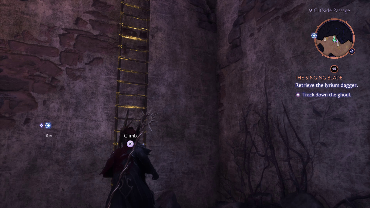 Climb the ladder to the top and cross the broken stonework to the magic device.