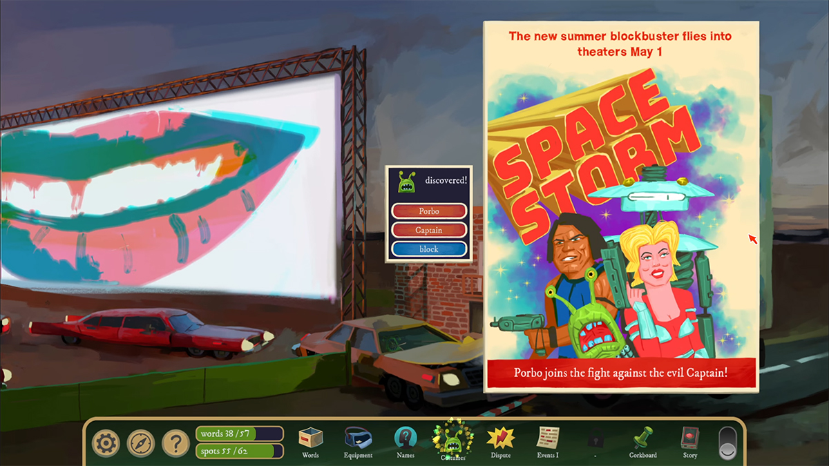 Inspect the movie poster to learn this is a screening of Space Storm, and two character names: Porbo and Captain.