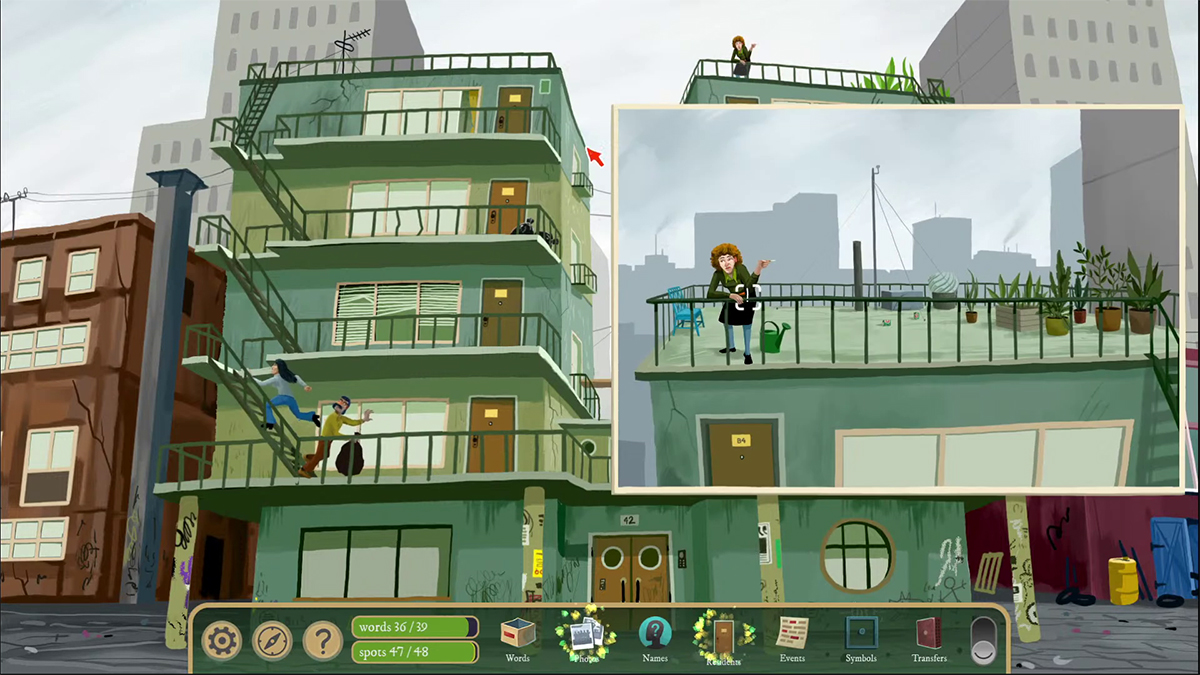 Inspect the rooftop on the right to see a person smoking a cigarette. She's seemingly cursing herself, so her name is Sabrina. She also carries an OPIG wristband.