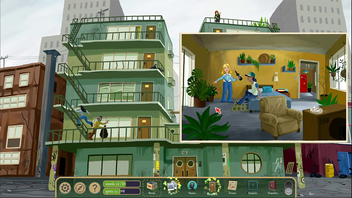 Inspect the apartment on the center-right to see two people celebrating finding a stash. The girl also carries an OPIG wristband.