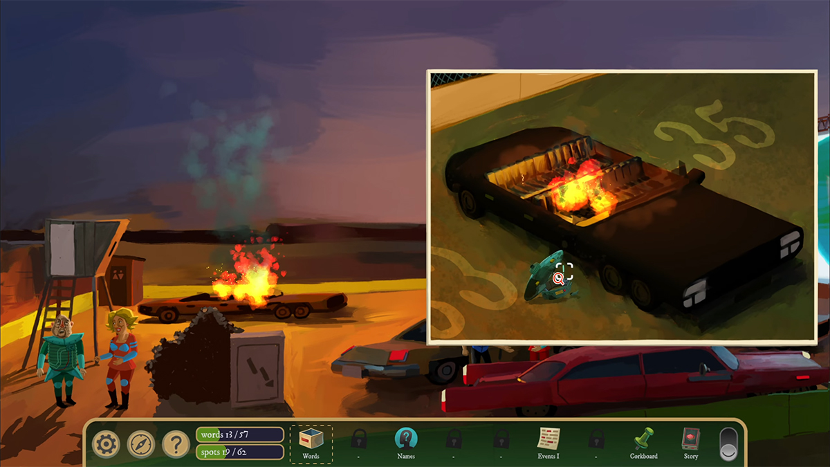 The car is on fire, but a few items can still be spotted. Namely, the wire cutters and inflammable blue paint in the back seat, which presumably were thrown to incriminate the man, now that his car is burning. Next to the car lies a broken helmet.
