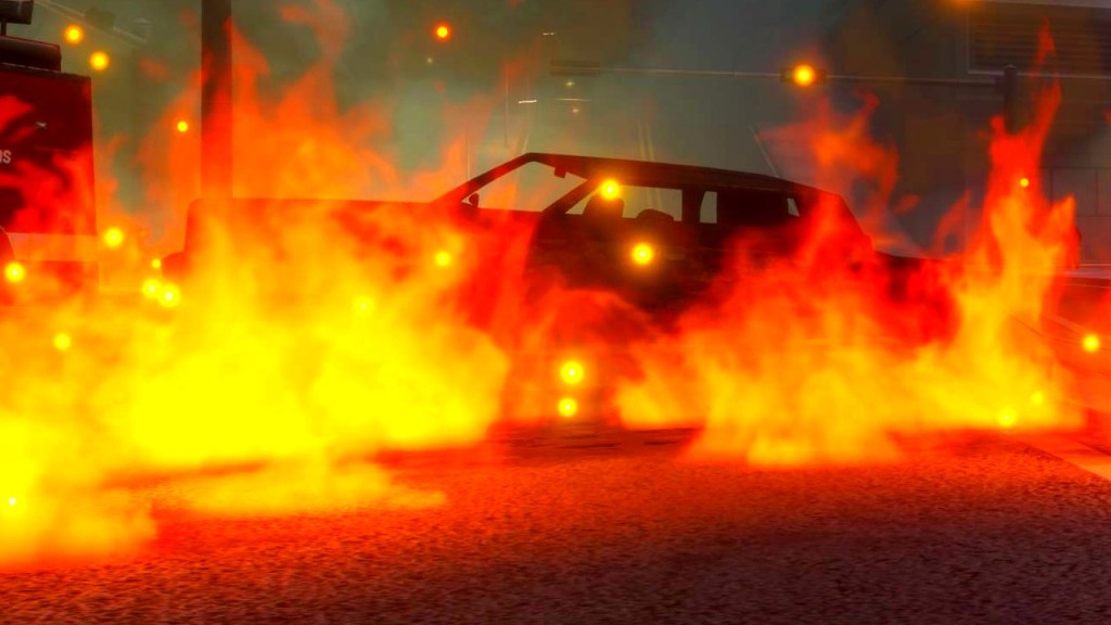 A car on fire in GTA San Andreas