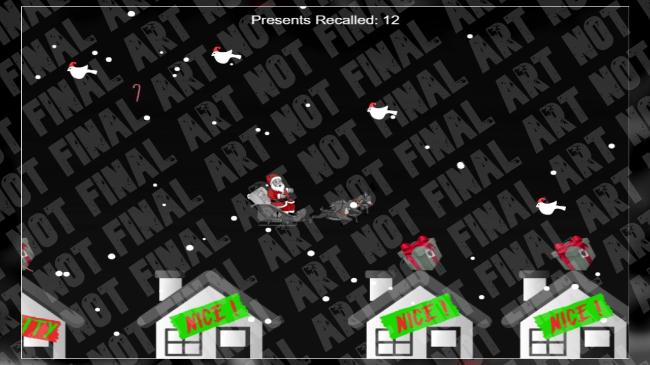 An image of Santa in his sleigh with the words ART NOT FINAL repeating in see-through text over the entire image