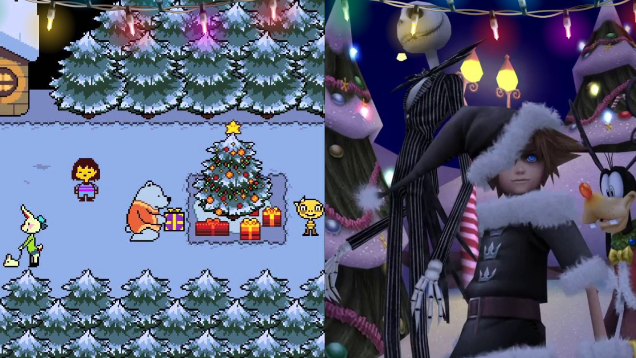 An image of the Christmas level in Undertale and the Christmas level in Kingdom Hearts 2.