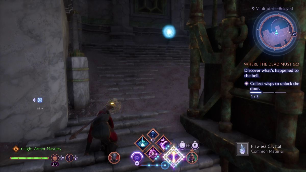 The third Wisp is on the south corner of the hallway, but you'll have to be very careful to reach it without triggering the spirits.