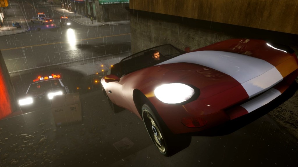 Claude driving a Banshee away from the police in GTA 3