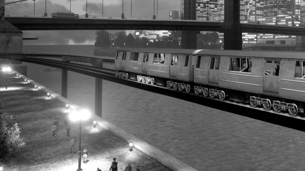 An image of the tram in GTA 3 overlooking the bay between islands.