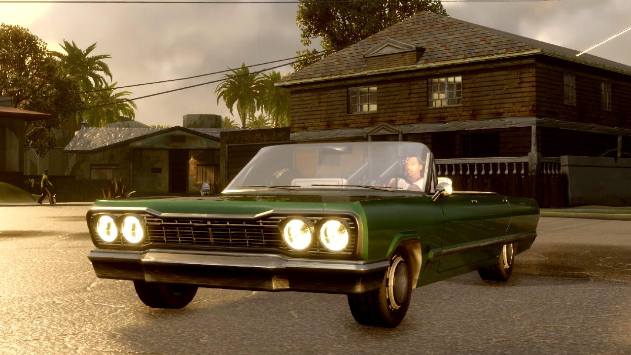 CJ in a green car in Grove Street in GTA: San Andreas