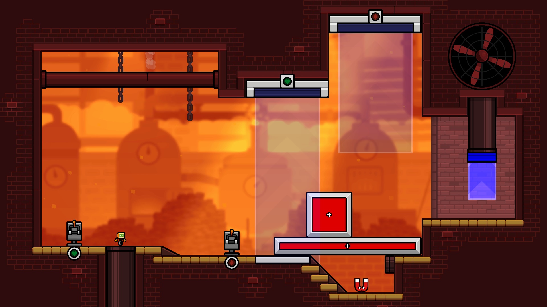 A puzzle room in Mind Over Magnet with a red background