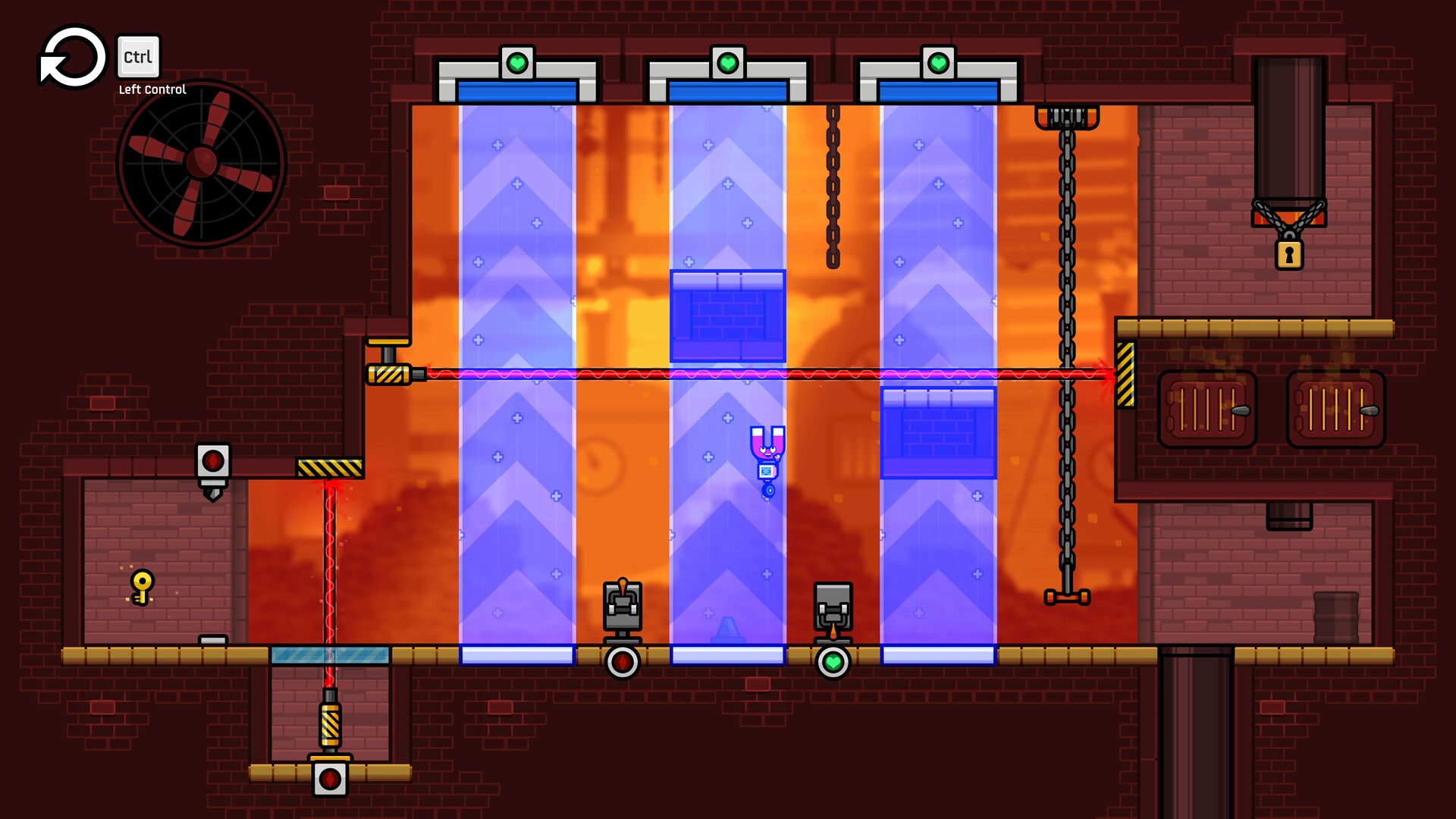 A complex puzzle room in Mind Over Magnet with three vertical lifts and multiple laser beams.