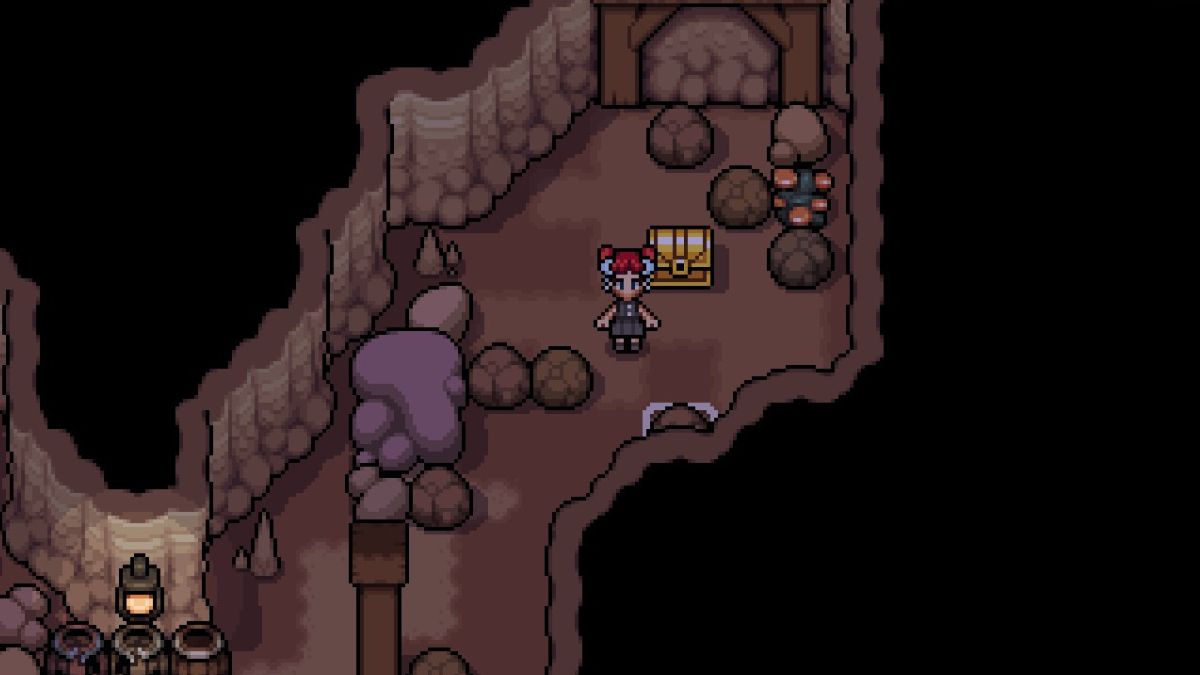 A Fields of Mistria avatar standing near a chest in the mines