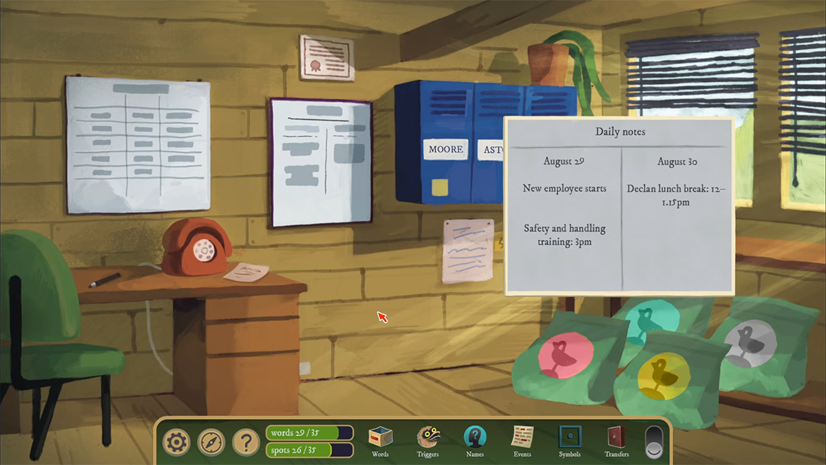 A board with daily notes on August 29 and August 30. Here, a new employee just started and is undergoing training.